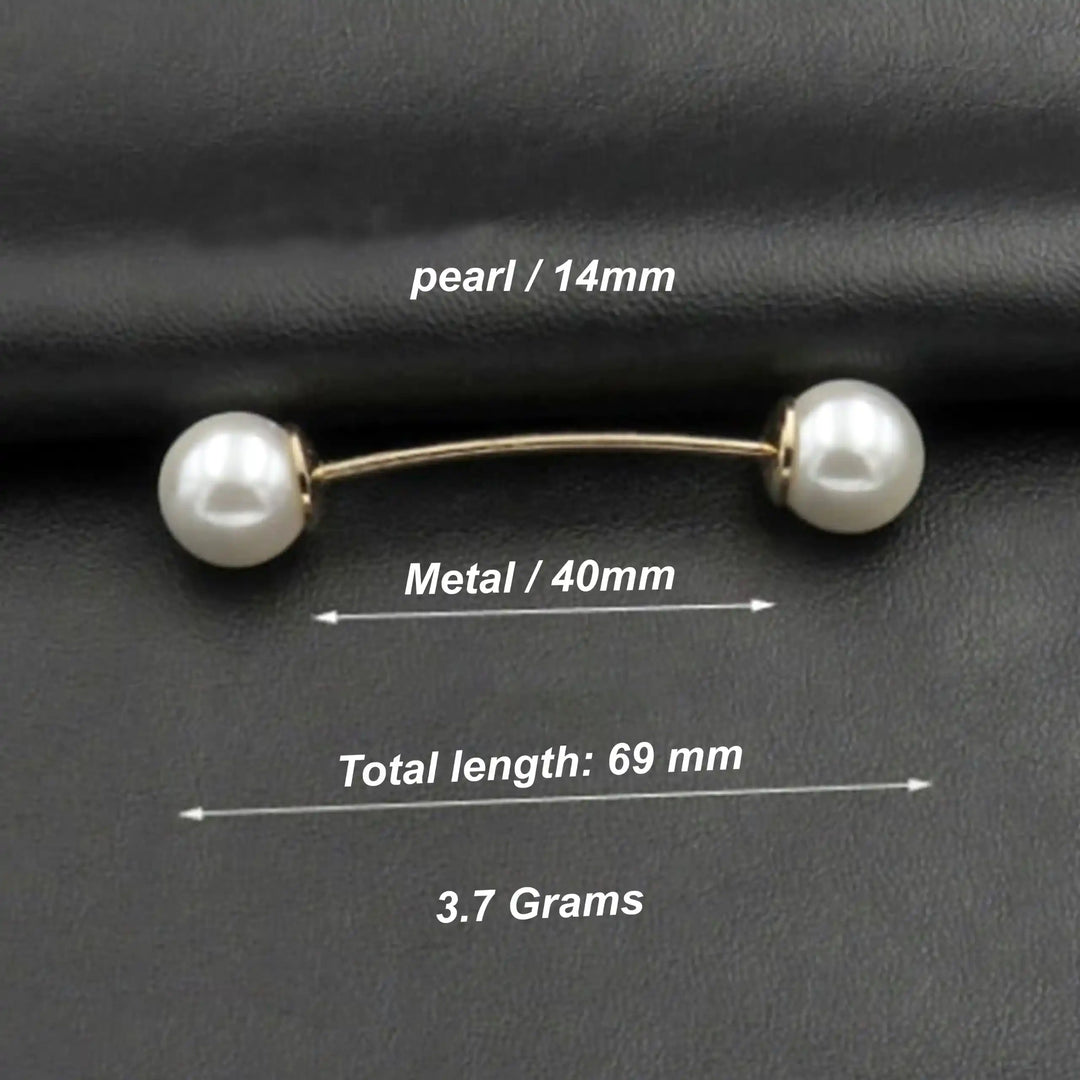 Twin pearl pin size chart, 69 mm total length, 14 mm pearls, 3.7 grams 