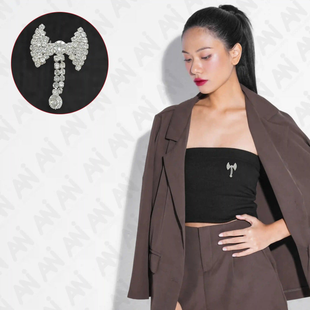 Unisex Rhine Stone Bow Brooch for Occasion showcased on a model wearing stylish attire