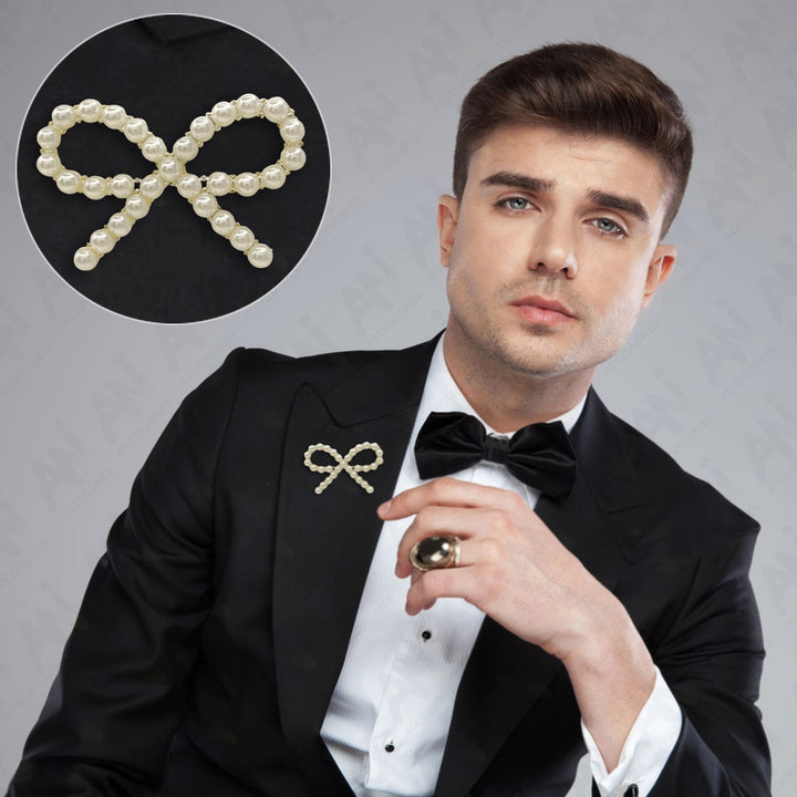 Elegant Bow Pearl Brooch for Saree, Hair, Hijab, Bridal & Wedding displayed on a tuxedo lapel