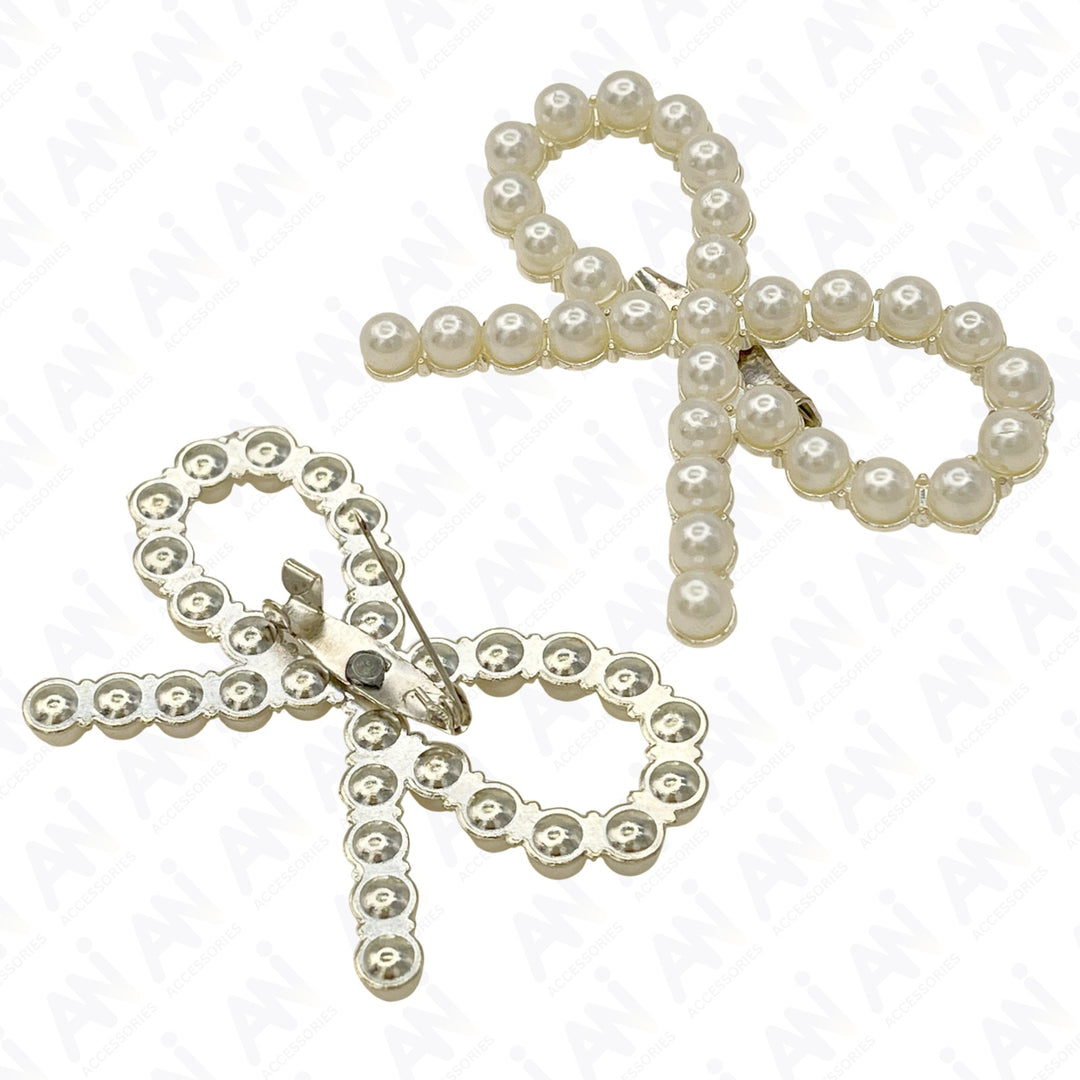 Elegant Bow Pearl Brooch for Saree, Hair, Hijab, Bridal & Wedding with shimmering pearls and silver finish