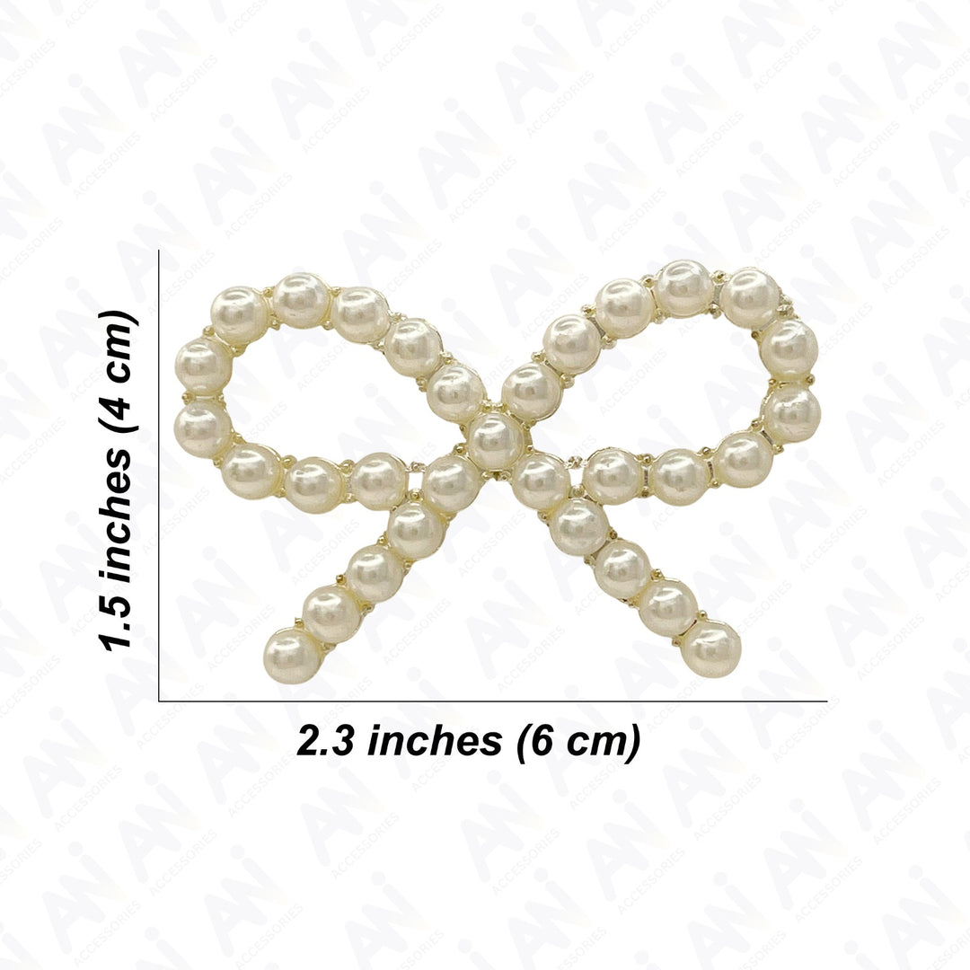 Elegant Bow Pearl Brooch for Saree, Hair, Hijab, Bridal & Wedding, measuring 2.3 inches by 1.5 inches