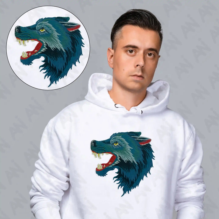 Embroidery Wolf Clothing Patch showcased on a model wearing a white hoodie with a detailed wolf design