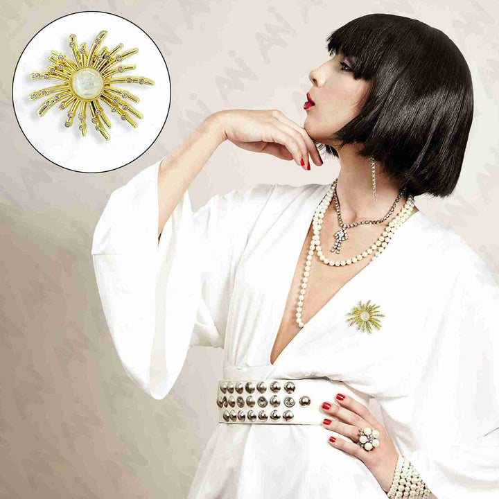 Stylish floral pearl brooch for sarees & outfits showcased on a model in elegant fashion