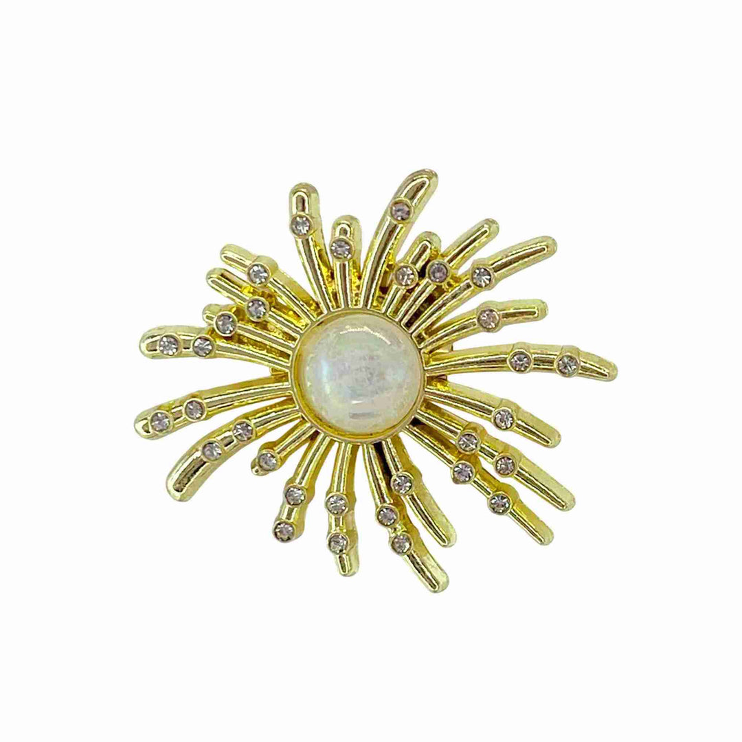 Elegant floral pearl brooch for sarees & outfits with a gold starburst design and sparkling accents