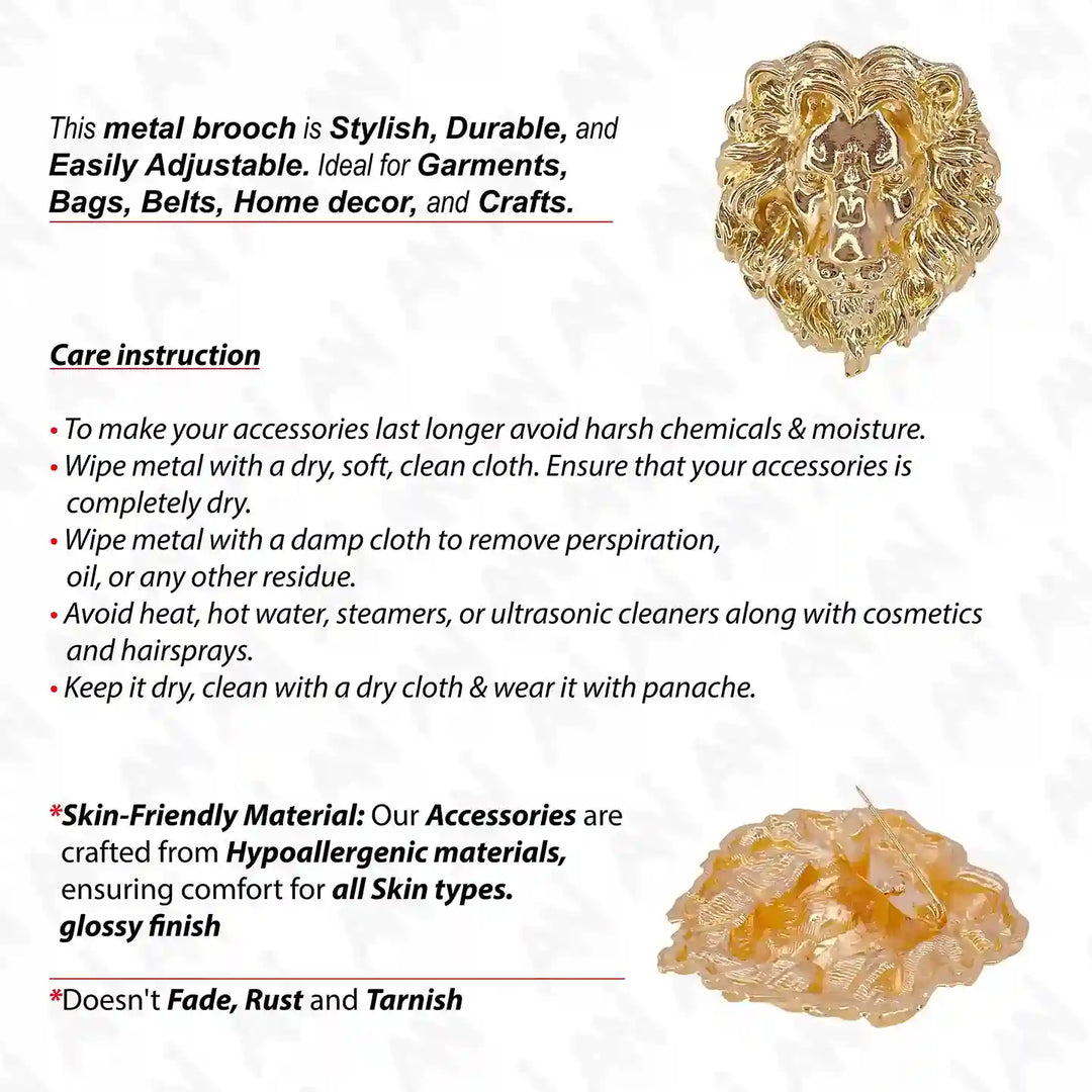 Gold lion brooch with a glossy finish, perfect for garments and accessories for a stylish look