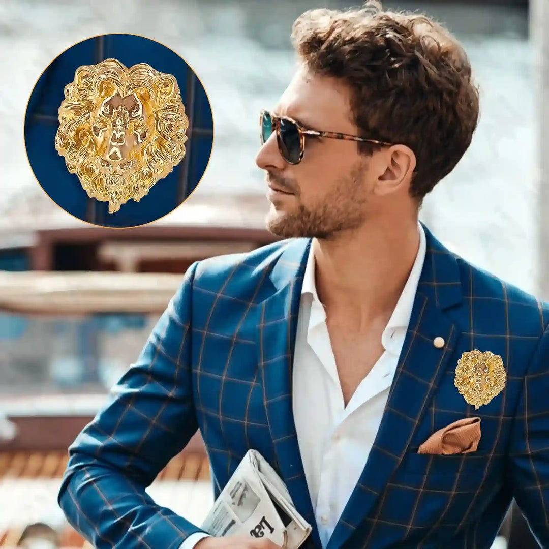 Elegant gold lion brooch on a stylish suit, perfect accessory for a sophisticated look