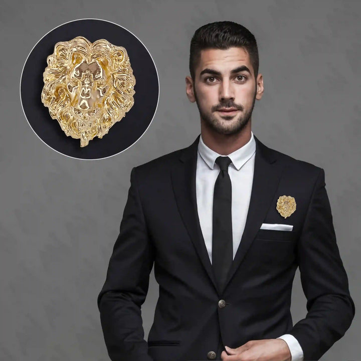 Stylish man wearing a gold lion brooch on a black suit for a sophisticated look