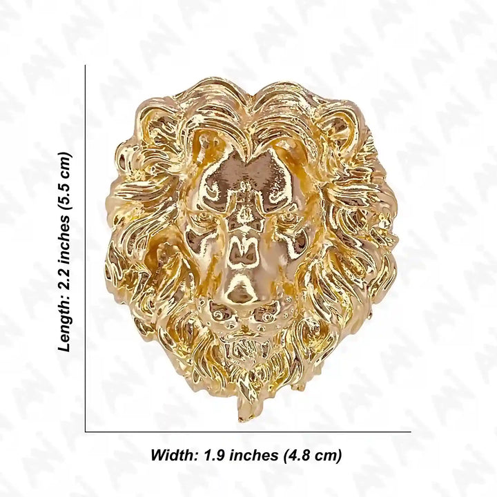 Gold lion brooch with detailed mane design measuring 2.2 inches long and 1.9 inches wide