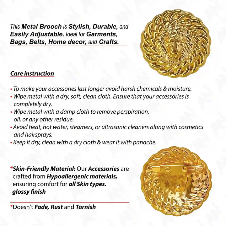 Lion head gold brooch by Ani Accessories with a glossy finish, ideal for garments and crafts