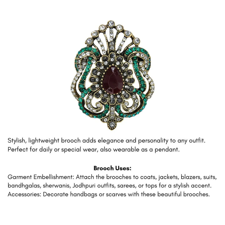 ANI Accessories Victorian rhinestone brooch with a list of uses on sarees, blazers, sherwanis and handbags with white color background 
