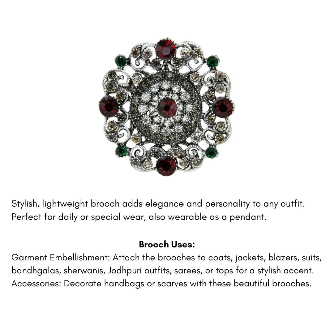 ANI Accessories vintage crystal brooch with a list of uses on sarees, suits, sherwanis and bags 