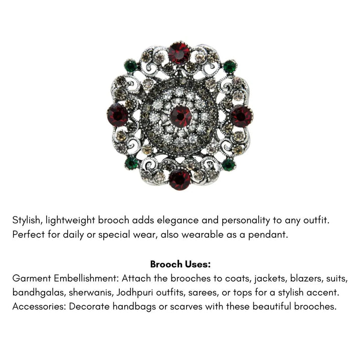 ANI Accessories vintage crystal brooch with a list of uses on sarees, suits, sherwanis and bags 