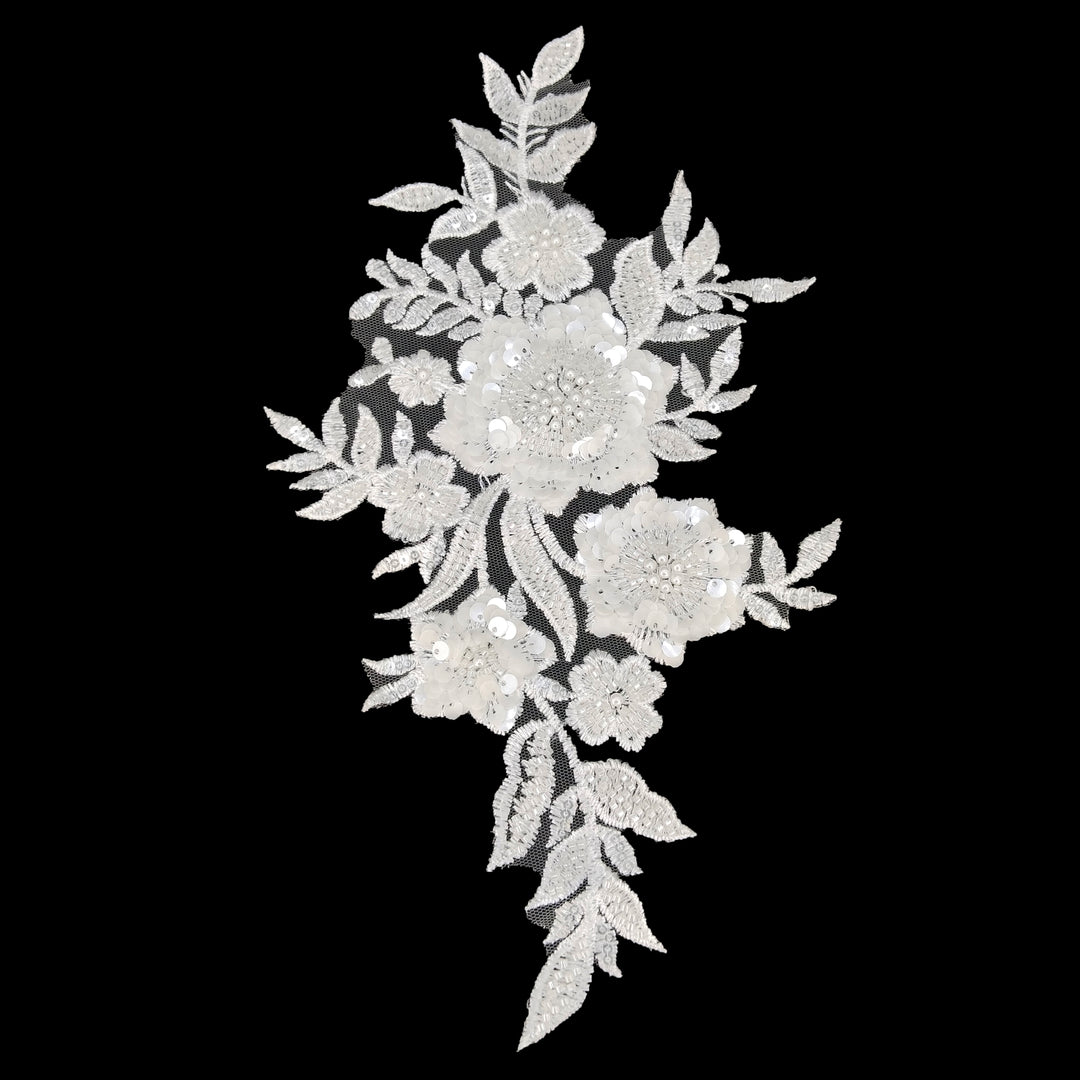 ANI Accessories white 3D flower sequin applique patch shaped as a long floral spray, on black background 