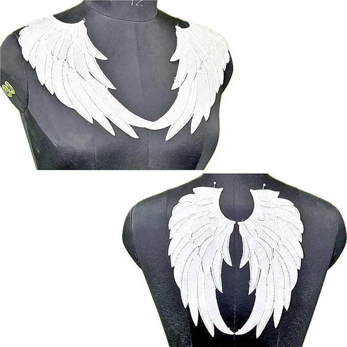 ANI Accessories white angel wings guipure lace patch pair on a black dress form, front and back background 