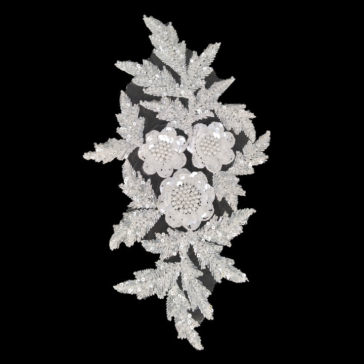 ANI Accessories white beaded floral applique patch with three sequin flowers and beaded leaves, on black Background 