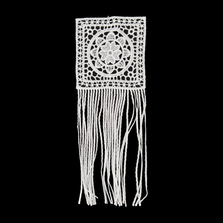 ANI Accessories white boho fringe guipure lace patch in spun poly with a round flower panel, on black background 