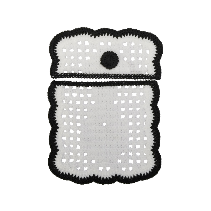 ANI Accessories white cotton crochet pocket patch with black border, flap placed over the pocket 