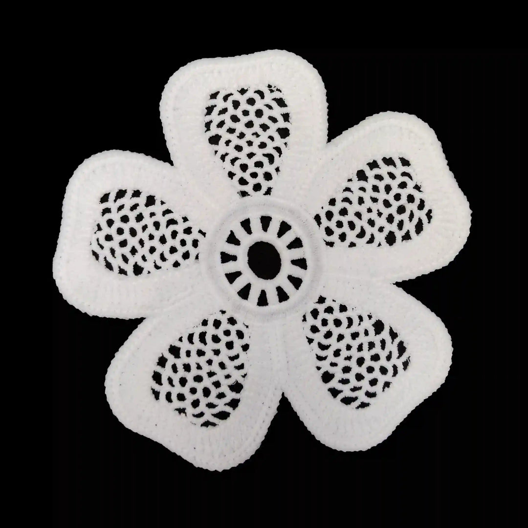 ANI Accessories white crochet flower patch with five open-work petals, on black background 