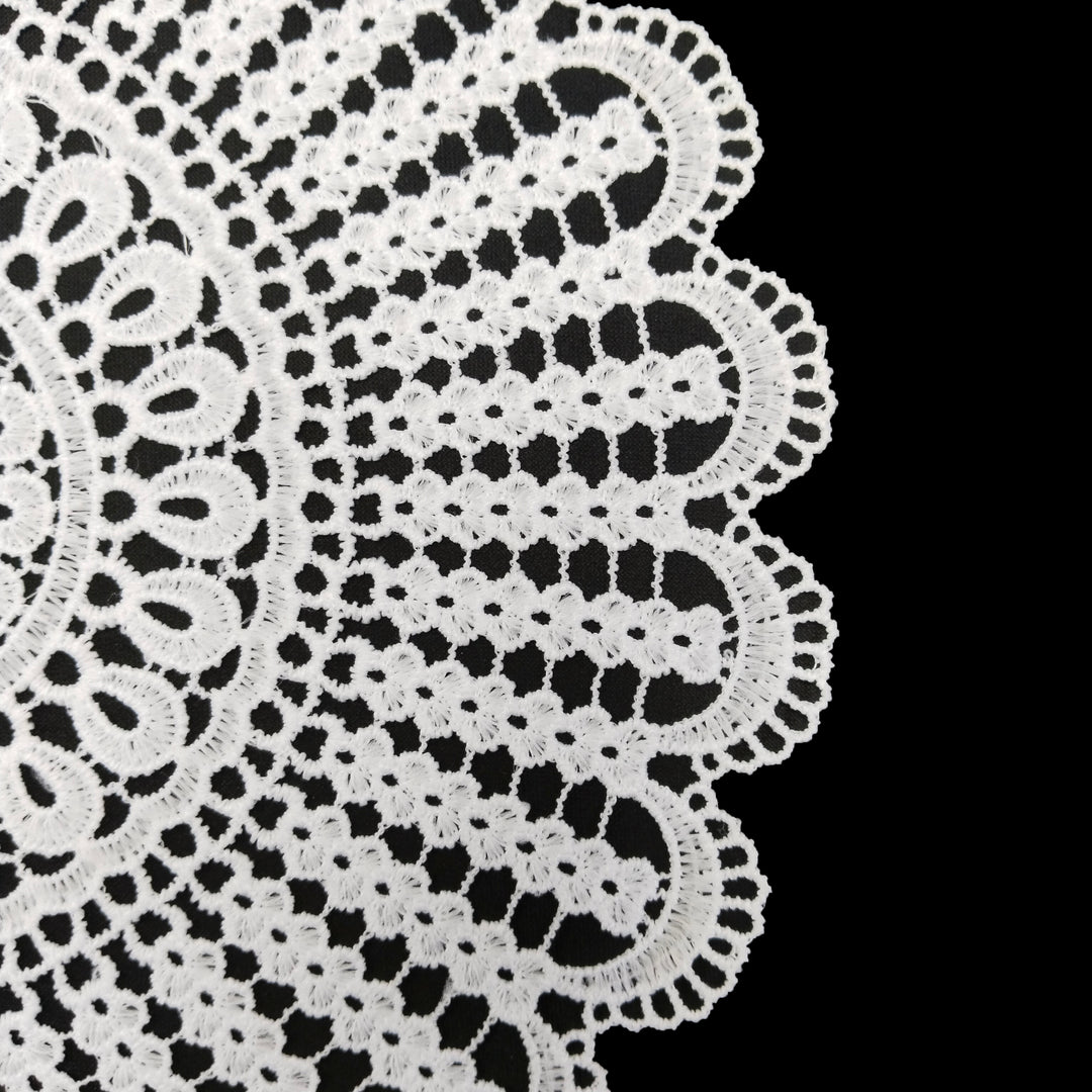 ANI Accessories close-up of white crochet patch showing scalloped edge and eyelet rows 