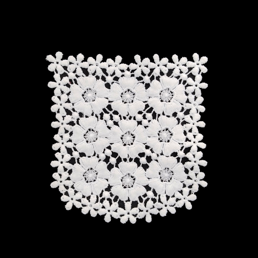 ANI Accessories white daisy pocket guipure lace patch in spun poly with nine flowers, on black BACKGROUND 