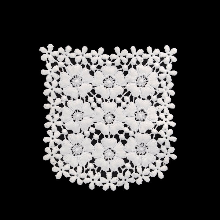 ANI Accessories white daisy pocket guipure lace patch in spun poly with nine flowers, on black BACKGROUND 