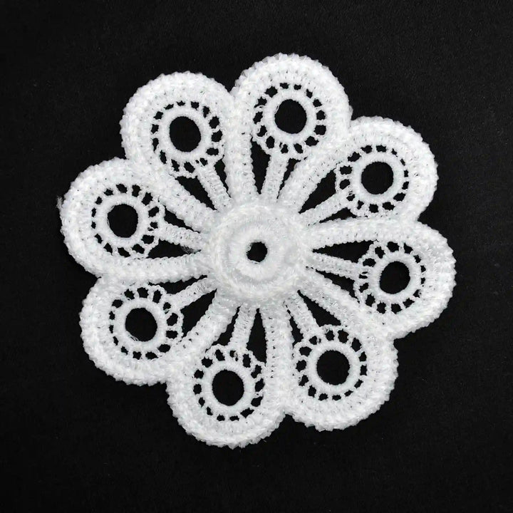 ANI Accessories white eight-petal flower patch with ring cut-outs, front view on black background 