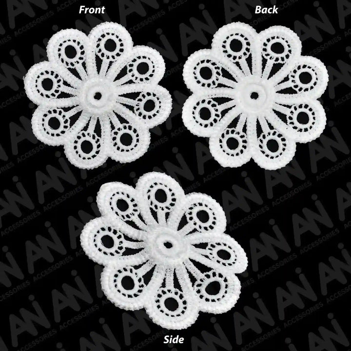 ANI Accessories front, back and side views of white spun poly eyelet flower patch 