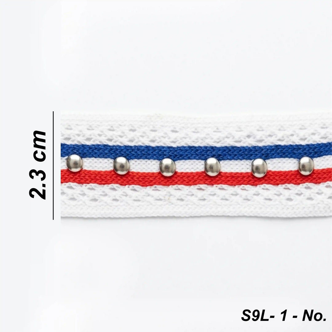 ANI Accessories white eyelet lace trim size chart showing 2.3 cm width, design S9L-1  with white color background 