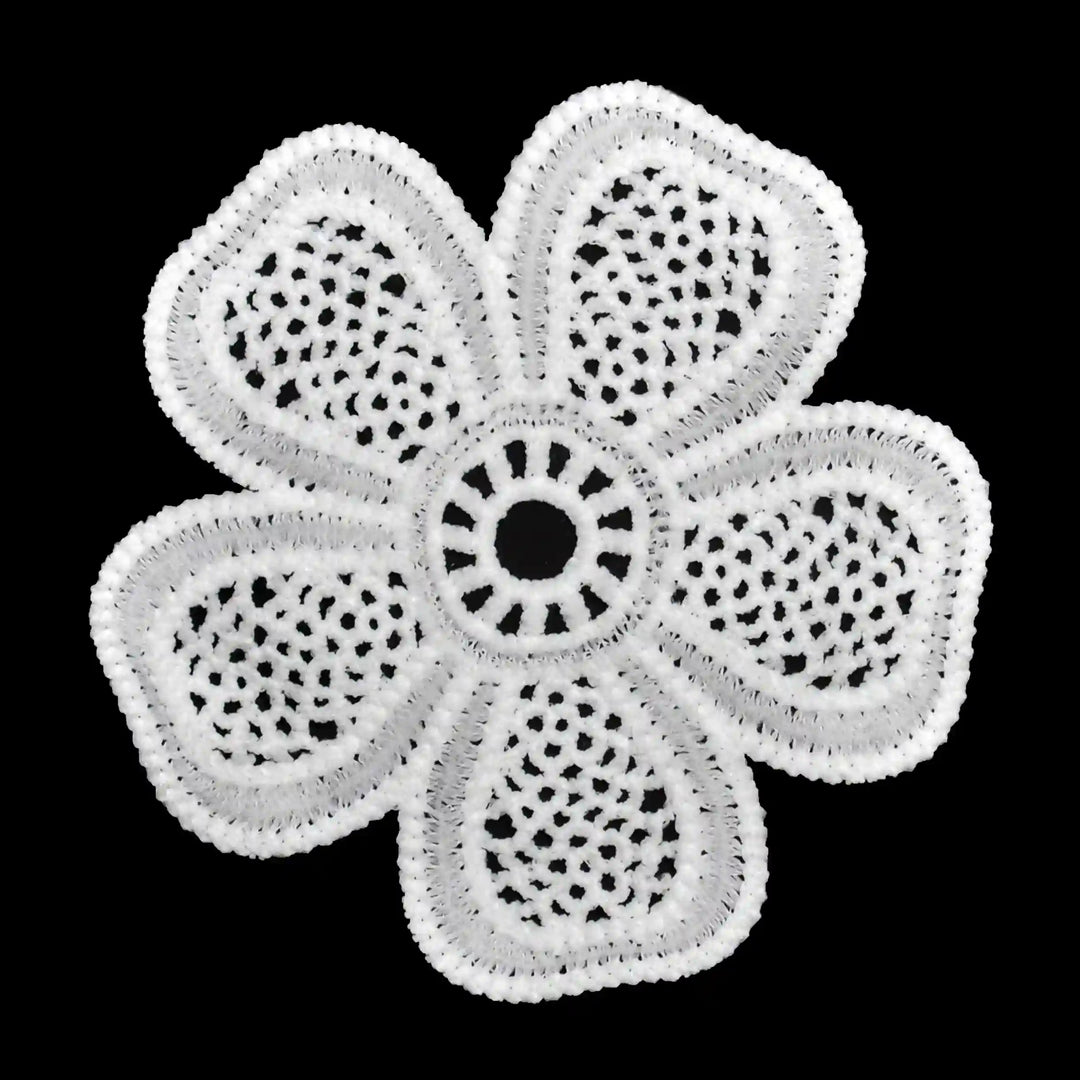 ANI Accessories white five-petal guipure lace patch in spun poly, on black background 
