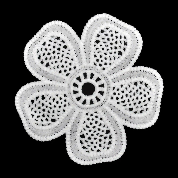 ANI Accessories white five-petal guipure lace patch in spun poly, on black background 