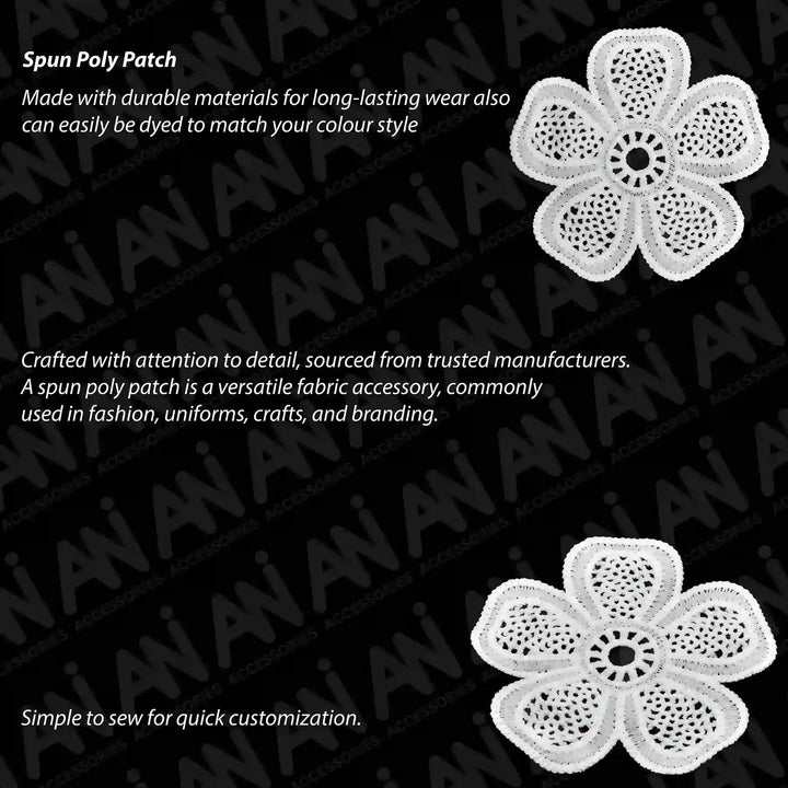 ANI Accessories front, back, and side views of white spun poly five-petal patch with ani water mark background 