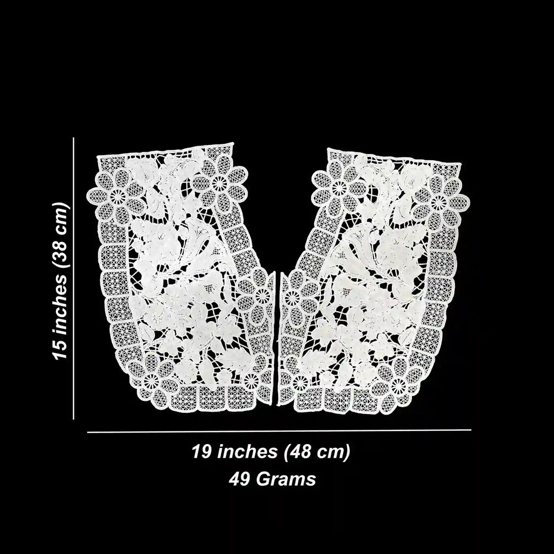 ANI Accessories white floral lace V-neck yoke size chart: 15 inches (38 cm) x 19 inches (48 cm) and 49 grams 