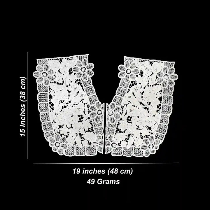 ANI Accessories white floral lace V-neck yoke size chart: 15 inches (38 cm) x 19 inches (48 cm) and 49 grams 