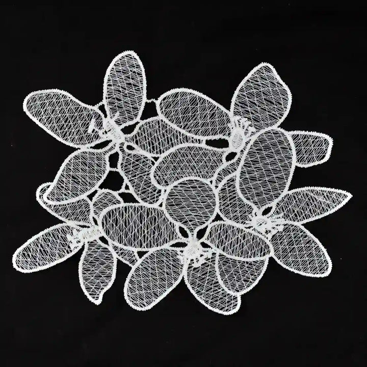 ANI Accessories white flower cluster guipure lace patch in spun poly with oval petals, on black background 