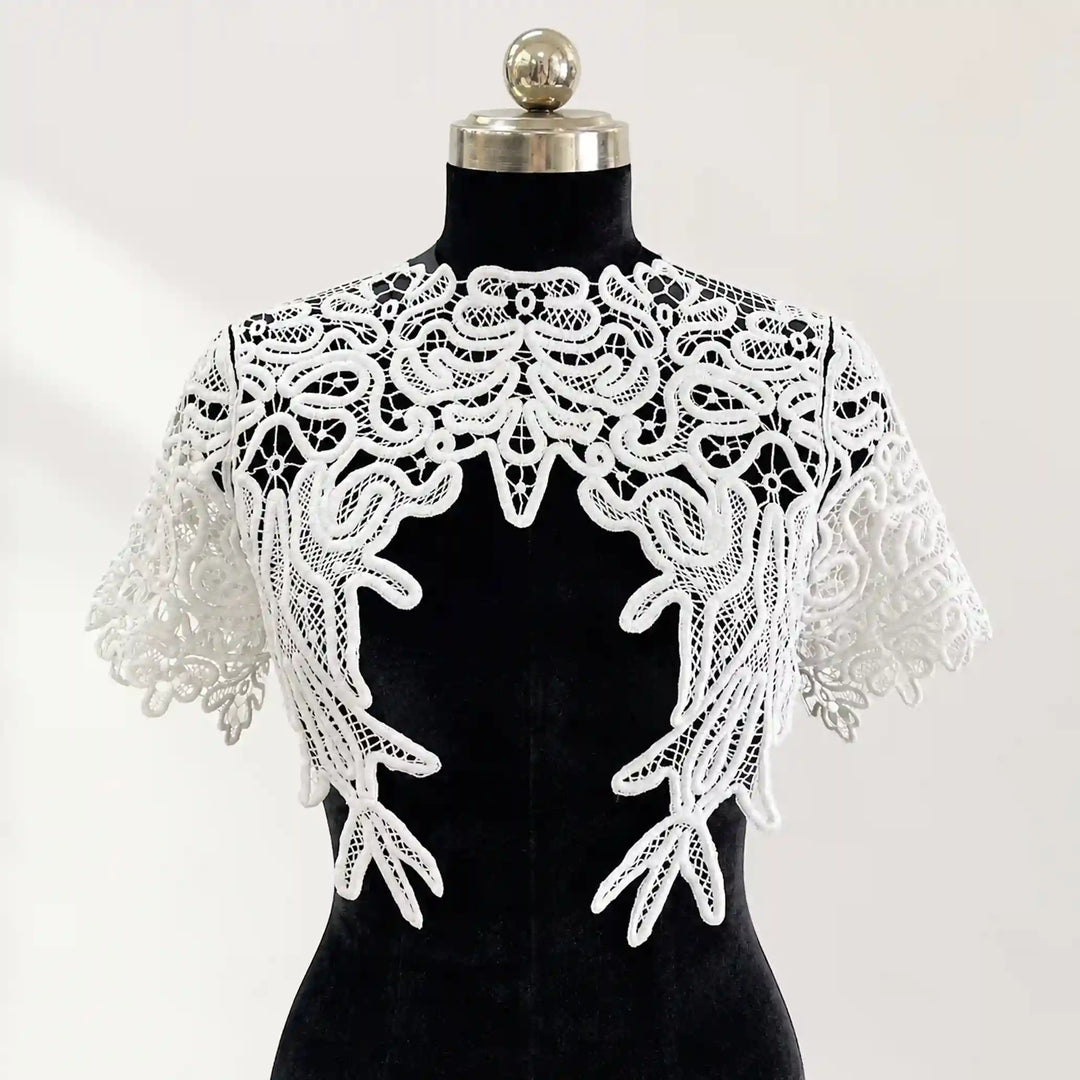 ANI Accessories white guipure lace yoke set with collar and cap sleeves styled on a black dress form, front view with white background 