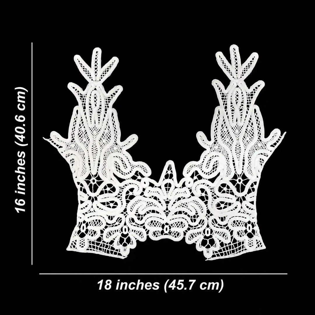ANI Accessories white guipure lace main yoke piece size chart: 16 inches (40.6 cm) height and 18 inches (45.7 cm) width with white color baackground 