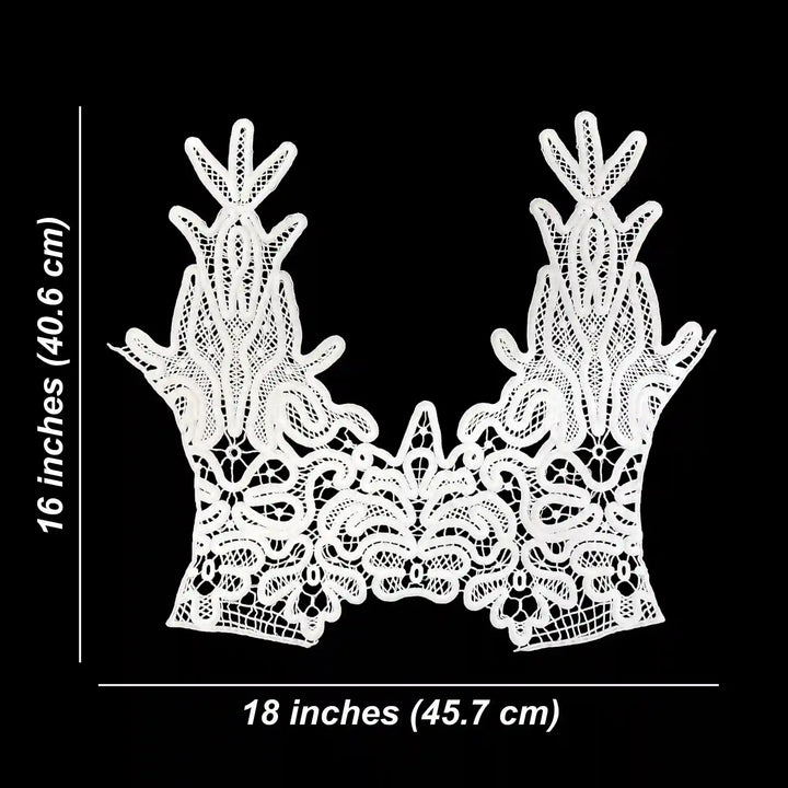 ANI Accessories white guipure lace main yoke piece size chart: 16 inches (40.6 cm) height and 18 inches (45.7 cm) width with white color baackground 