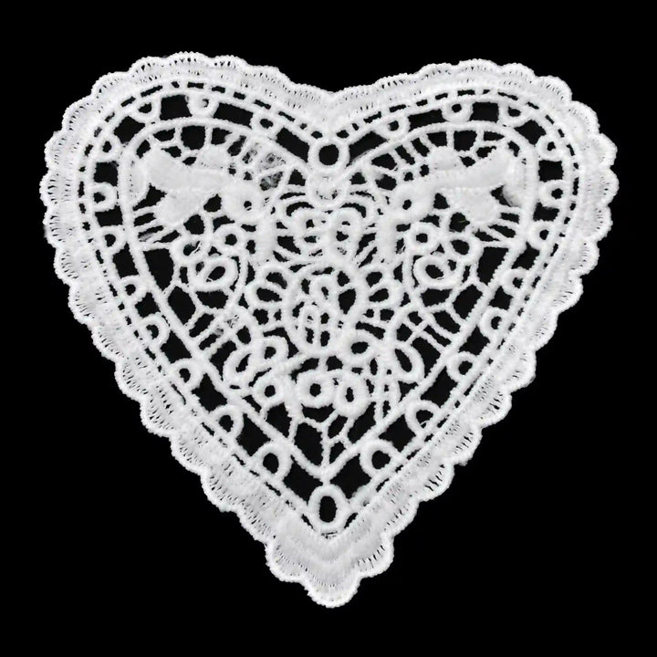 ANI Accessories white heart guipure lace patch in spun poly with scalloped edge, on black Bakground