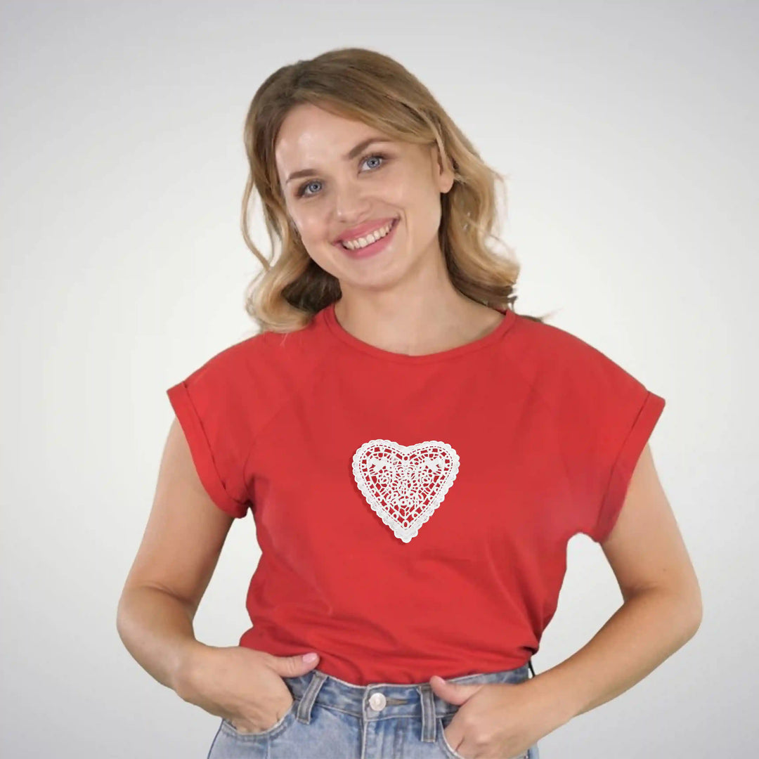 ANI Accessories white heart patch for t-shirt on the chest of a red tee worn by a model 