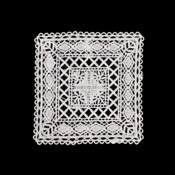 ANI Accessories white lattice square guipure lace patch in spun poly, 6 inch, on black background 