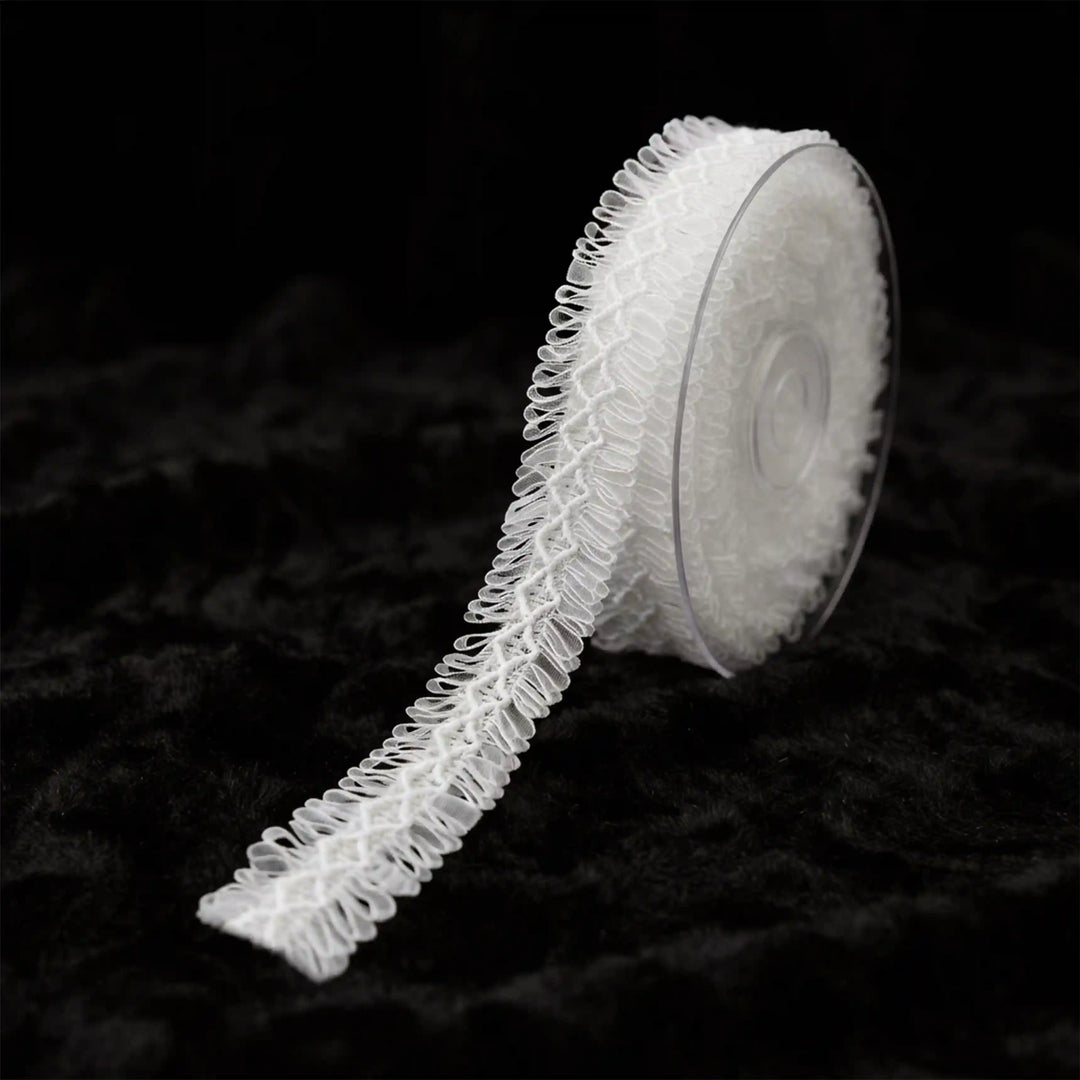 ANI Accessories white loop fringe lace on a roll, 3 cm double frill trim with black color background 