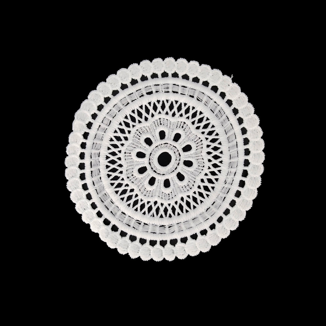 ANI Accessories white mandala guipure lace patch in spun poly, round, on black background 
