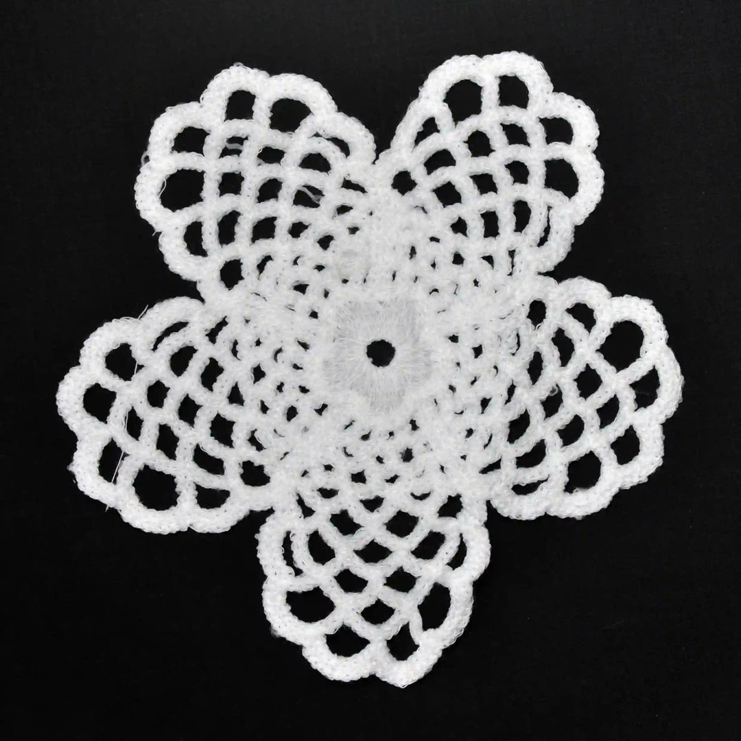 ANI Accessories white net flower guipure lace patch in spun poly, on black background 