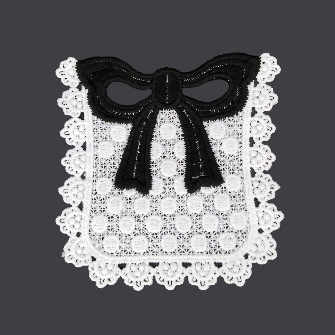 ANI Accessories white pocket guipure lace patch in spun poly with a black bow on top 