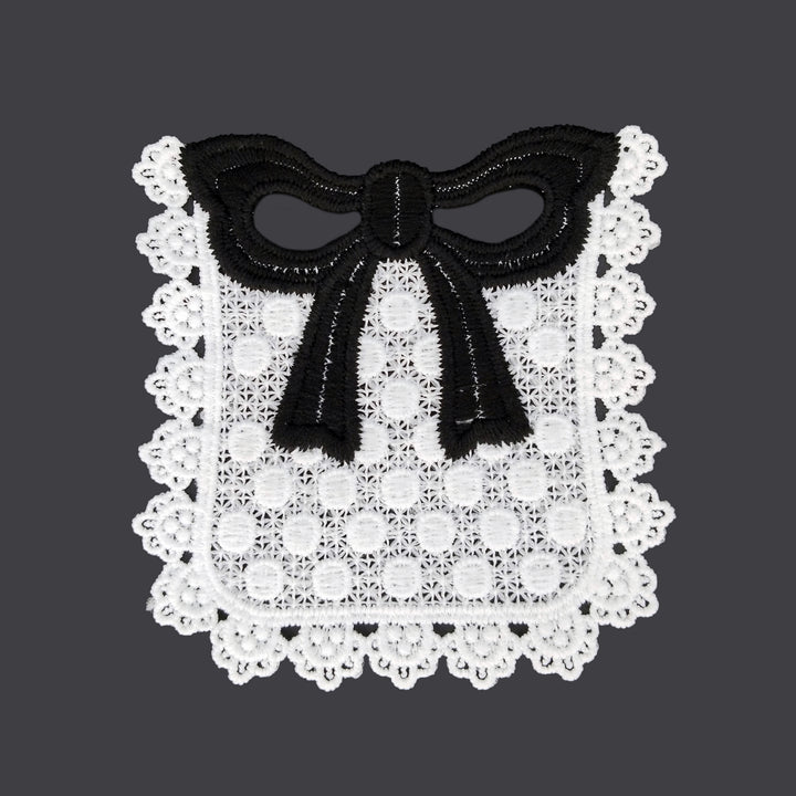 ANI Accessories white pocket guipure lace patch in spun poly with a black bow on top 
