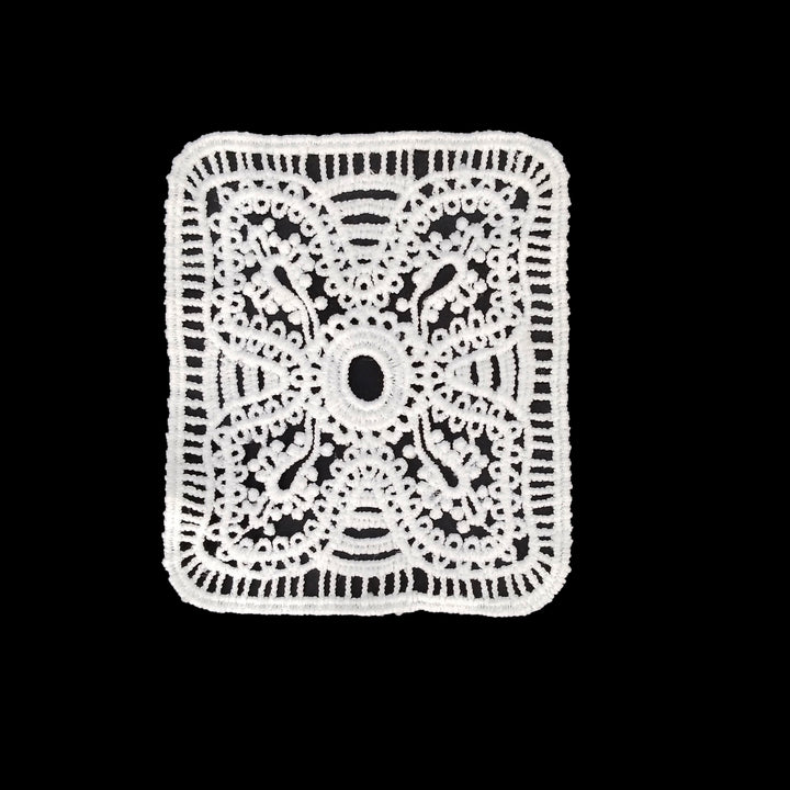ANI Accessories white rectangle guipure lace patch in spun poly with ladder border, on black background 