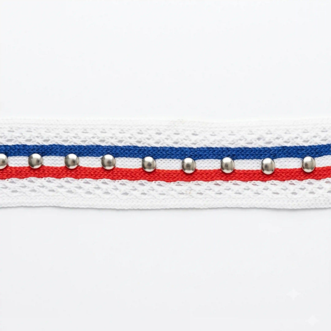 ANI Accessories white red blue striped metal eyelet lace on a roll, 2.3 cm wide with white color Background 