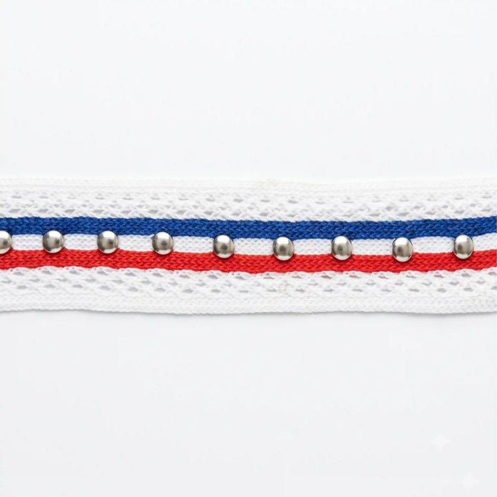 ANI Accessories white red blue striped metal eyelet lace on a roll, 2.3 cm wide with white color Background 