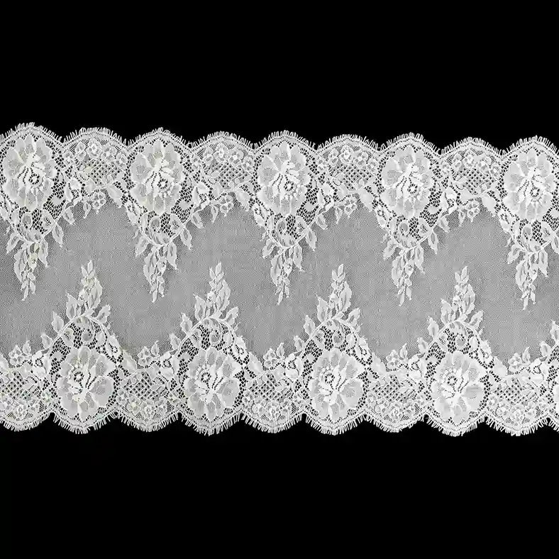 ANI Accessories white rose Chantilly lace with eyelash scallops, 37 cm wide with black color background 