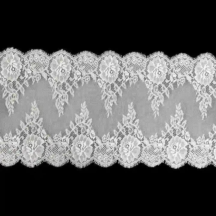 ANI Accessories white rose Chantilly lace with eyelash scallops, 37 cm wide with black color background 